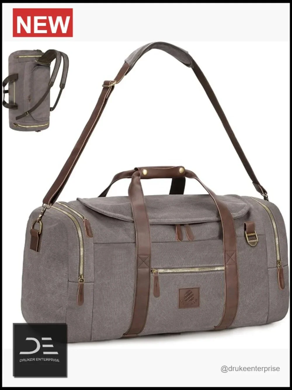 Vintage Canvas Duffle Bag 50L Genuine Leather Travel Duffel Backpack Weekender
